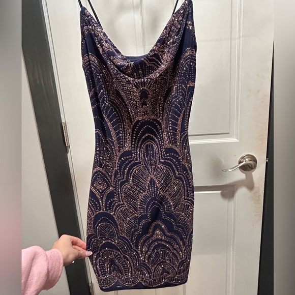 Navy Blue, Rose Gold Glitter Design, Hoco Dress - Picture 3 of 4